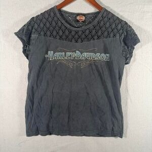 Women's Vintage 1988 Harley Davidson Motorcycle Black Lace Top Medium